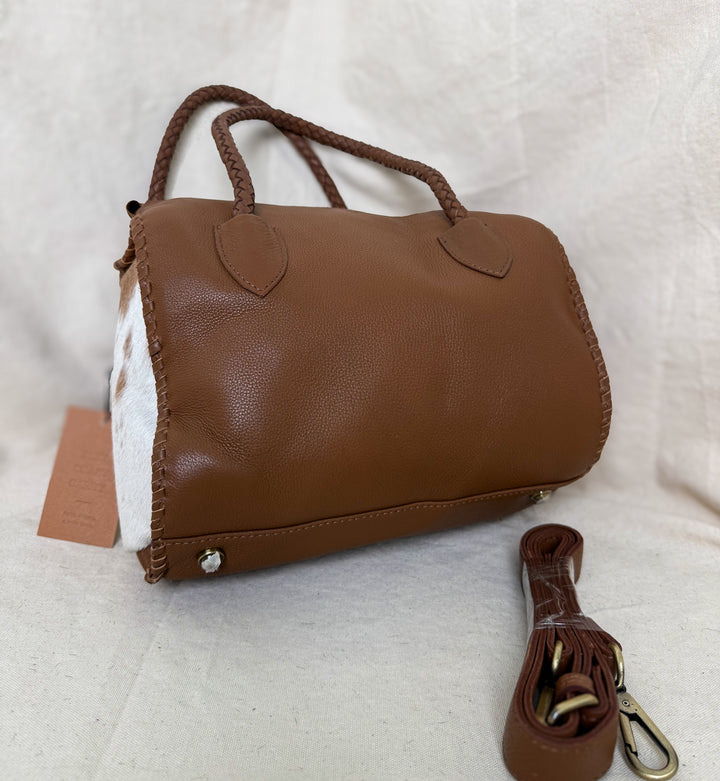 Soft & Strong™ Cowhide Satchel | Caramel & White Genuine Hair-On Hide Leather Handbag