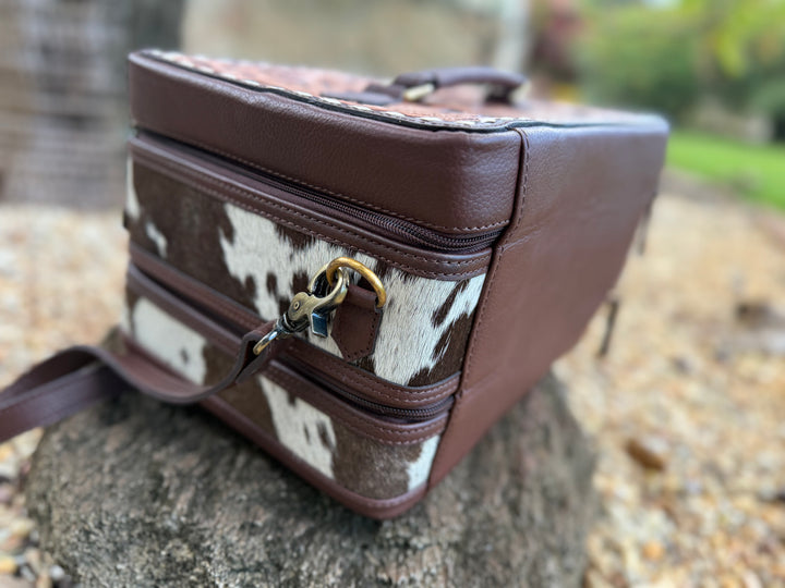 The Double Decker in Chocolate Brown | Large Dark Brown and White Cowhide and Tooled Leather Jewelry Case