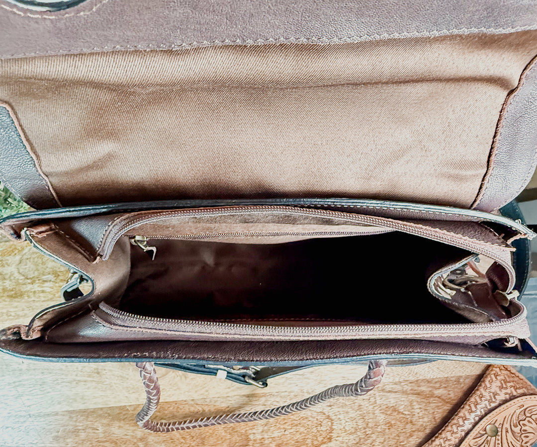 Checkmate No. 9 | Brown & Tan Tooled Leather Tote (Right-Hand Concealed Carry)
