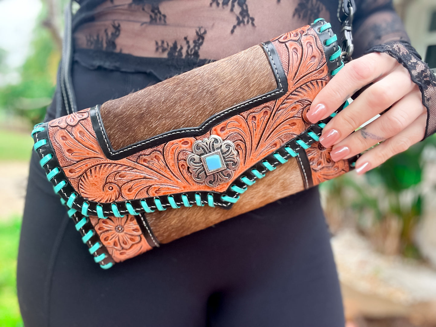 Hand tooled Brown & Black Leather Cowhide Clutch with strap