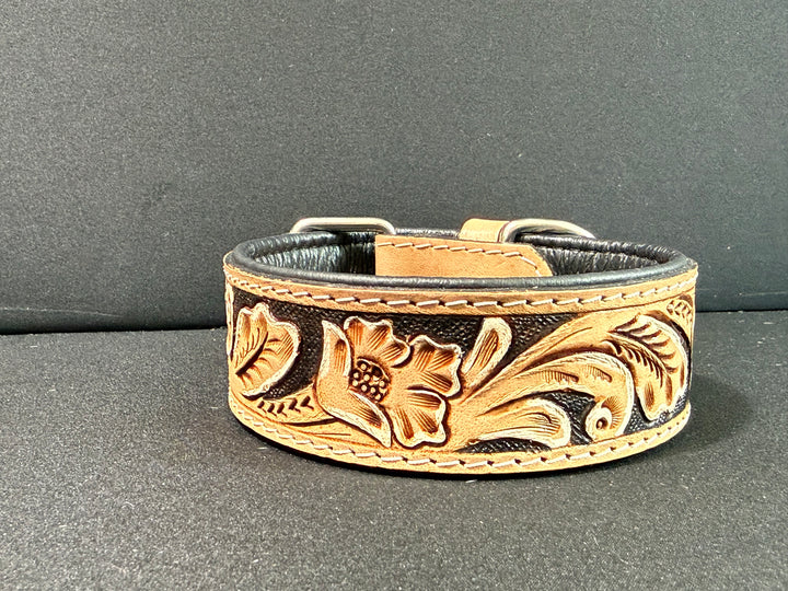 Magnolia Beau | (M/L) Natural Floral Leather Hand Tooled Dog Collar