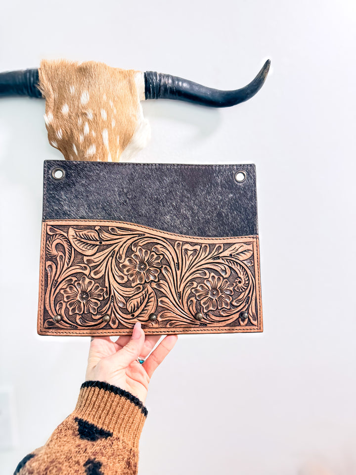Cowhide & Tooled Leather Wall Organizer | Key Holder + Mail Pocket
