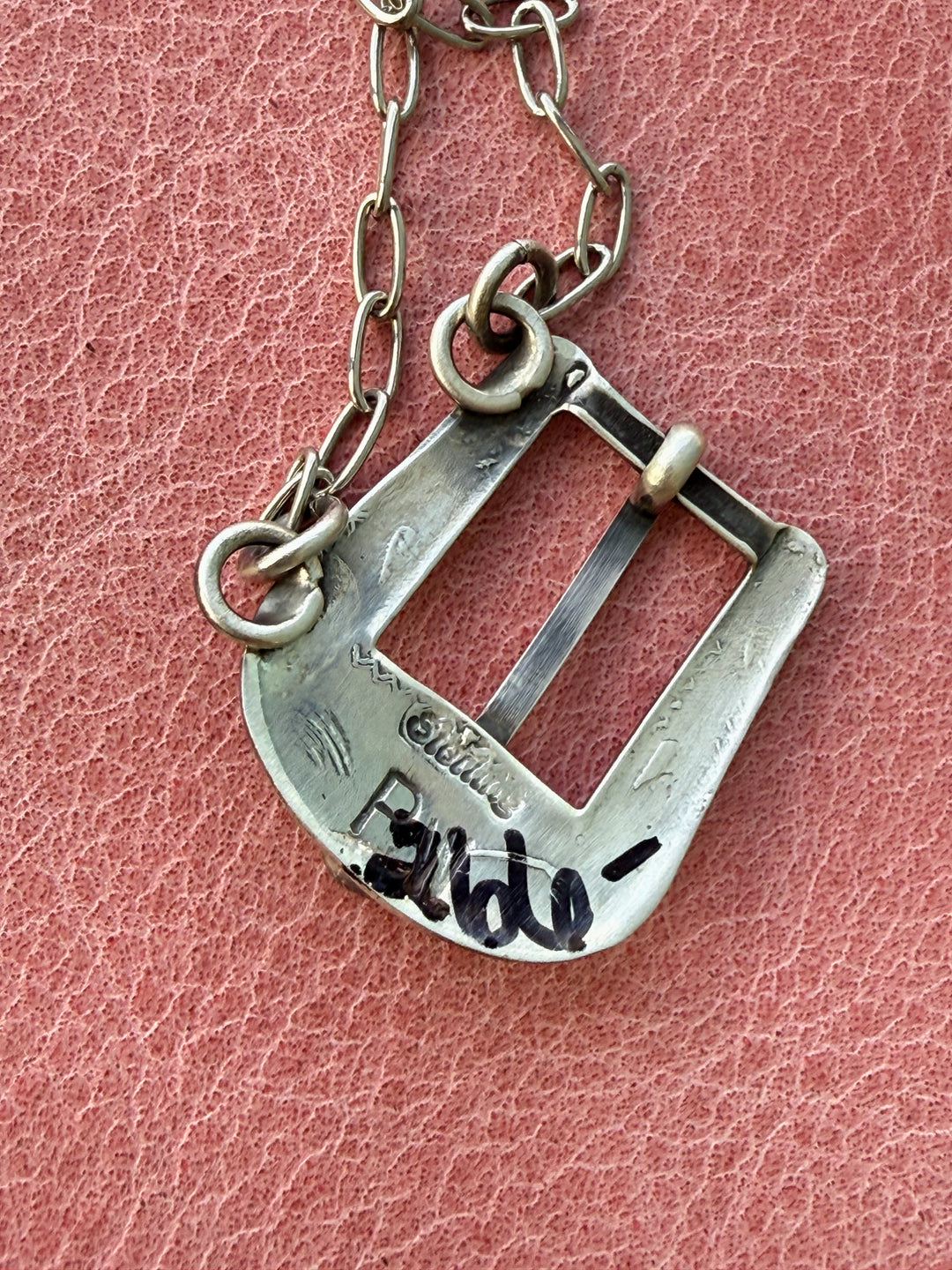 Back side showing PW makers stamp of Native American sterling silver buckle necklace with turquoise
Handmade silver belt buckle pendant necklace
Western turquoise necklace on chain
