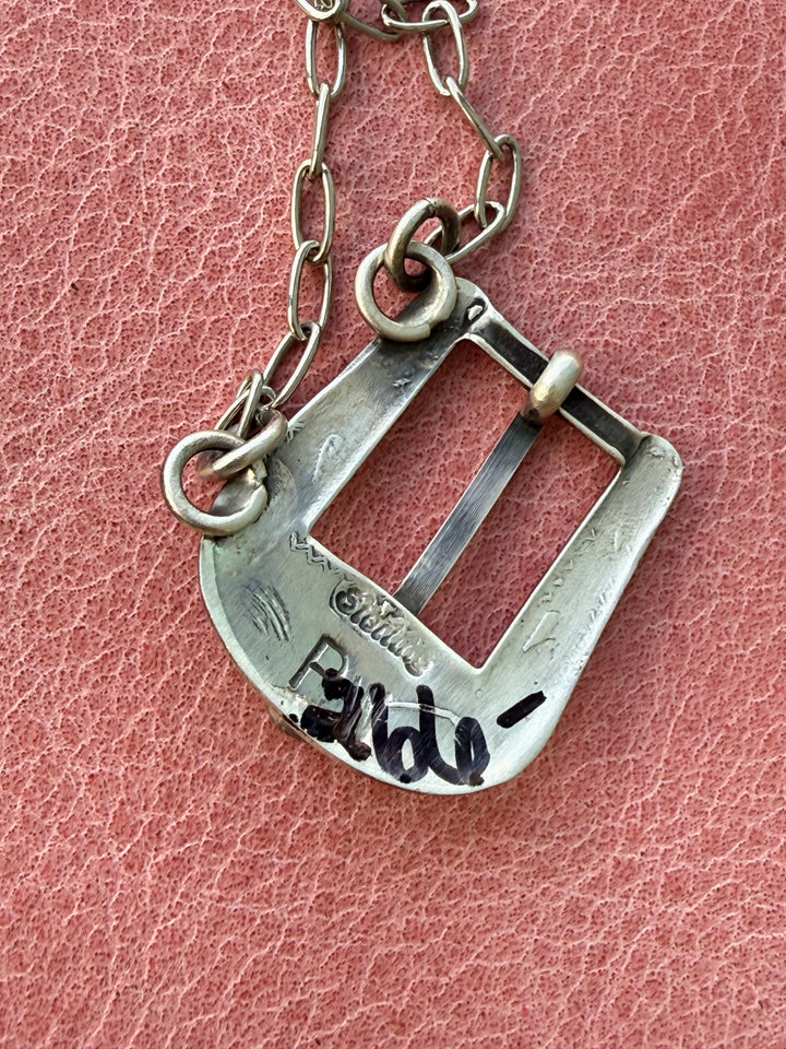 Back side showing PW makers stamp of Native American sterling silver buckle necklace with turquoise
Handmade silver belt buckle pendant necklace
Western turquoise necklace on chain
