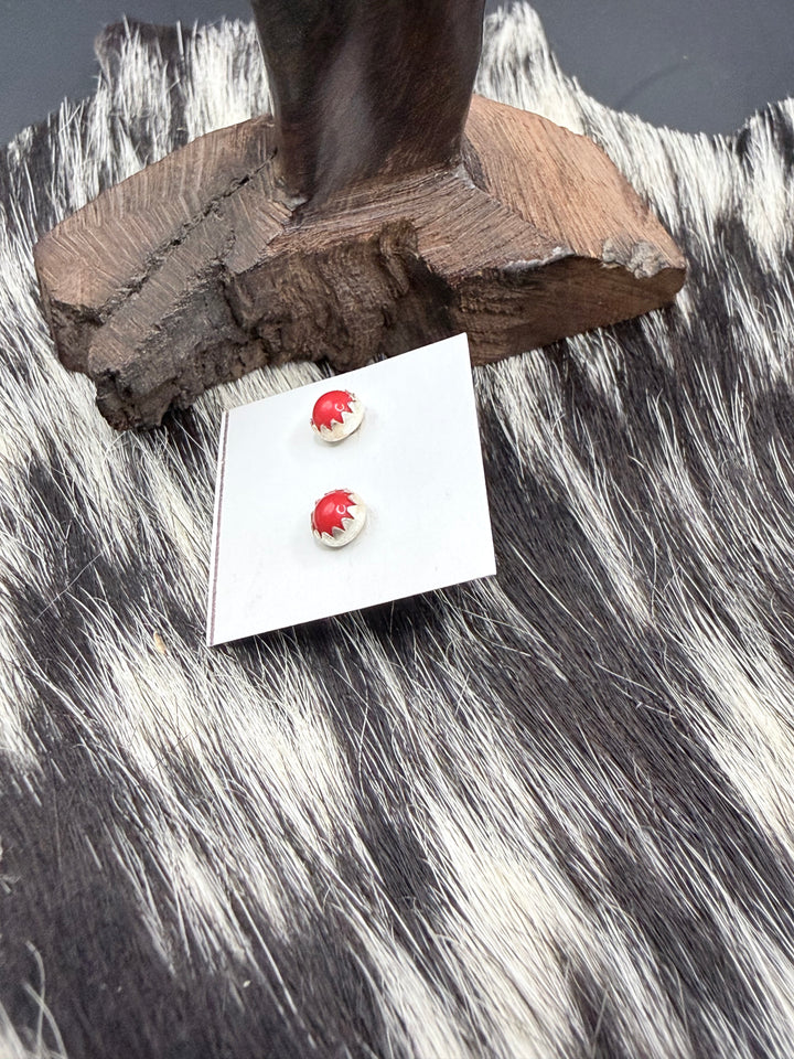 Tiny Coral Stud Earrings | Handmade Navajo Sterling Silver Earrings | Genuine Coral | Linda Yazzie