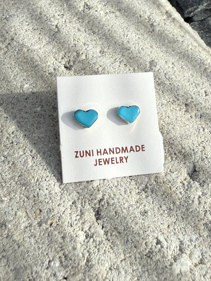 Mary Ann Neha Zuni Handmade Sterling Silver and Kingman Turquoise Heart Stud Earrings