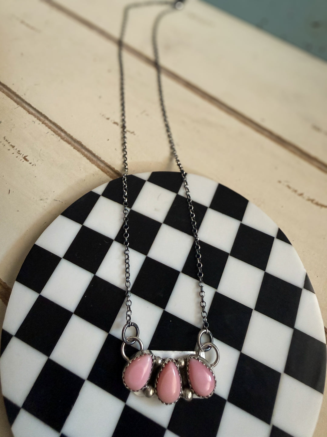 Myra Benally Pink Conch Three-Stone Cluster Necklace | Navajo Sterling Silver