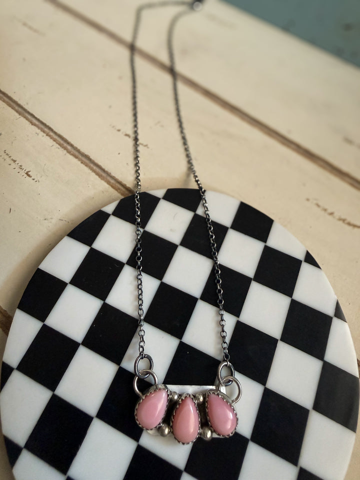 Myra Benally Pink Conch Three-Stone Cluster Necklace | Navajo Sterling Silver