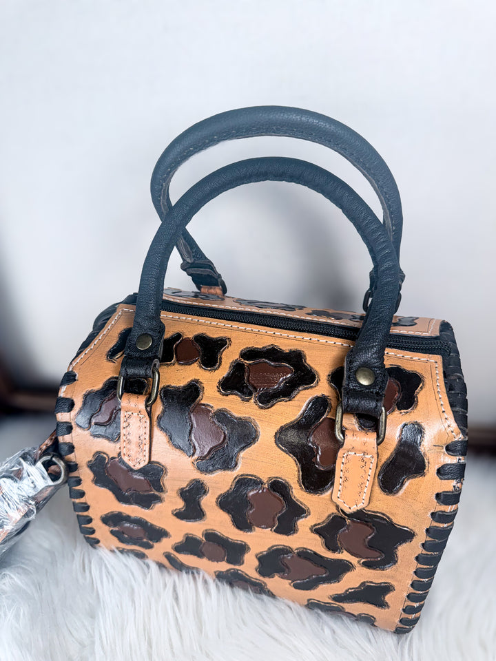 The Speedy Leopard Mini | Tooled Leather Leopard Pattern Structured Bowler Purse
