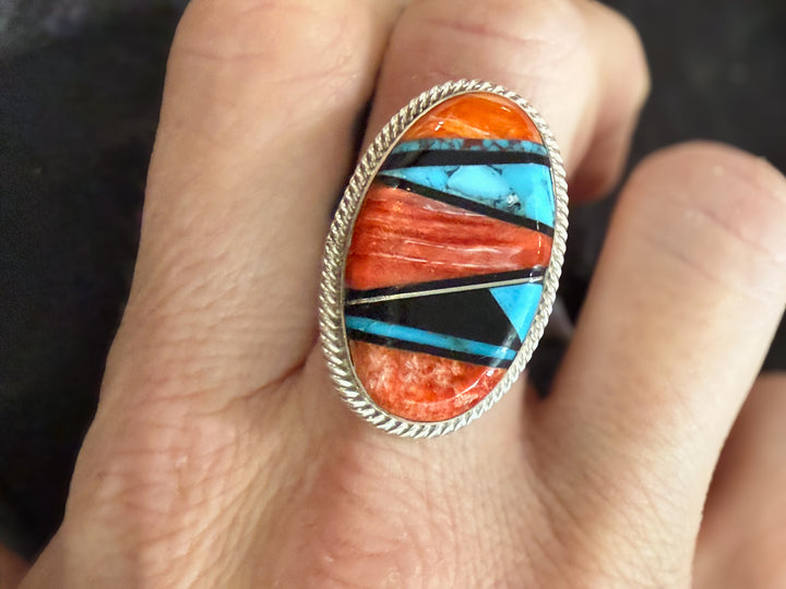 Southwestern sterling silver inlay ring with spiny oyster and turquoise