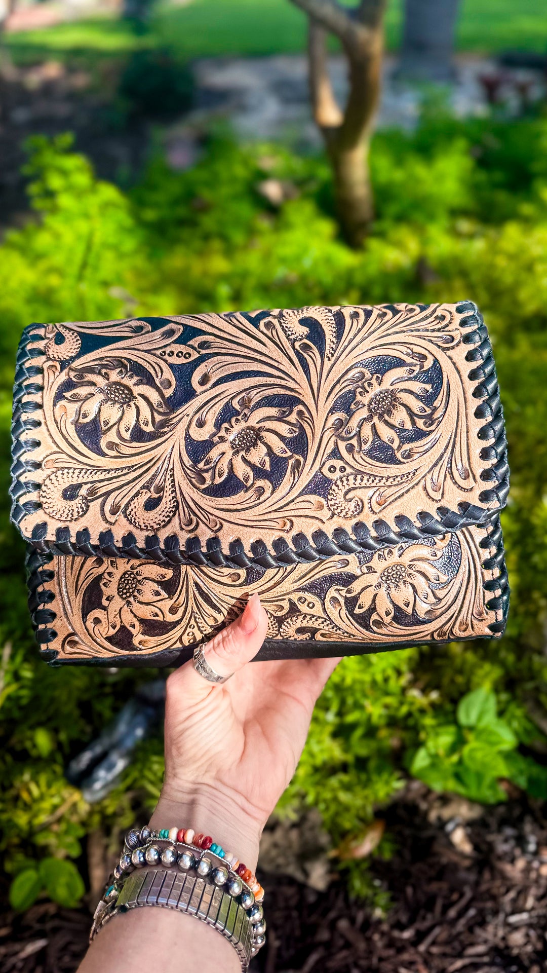Black and Bloom | Full Grain Brown Tooled Leather Western Crossbody Purse
