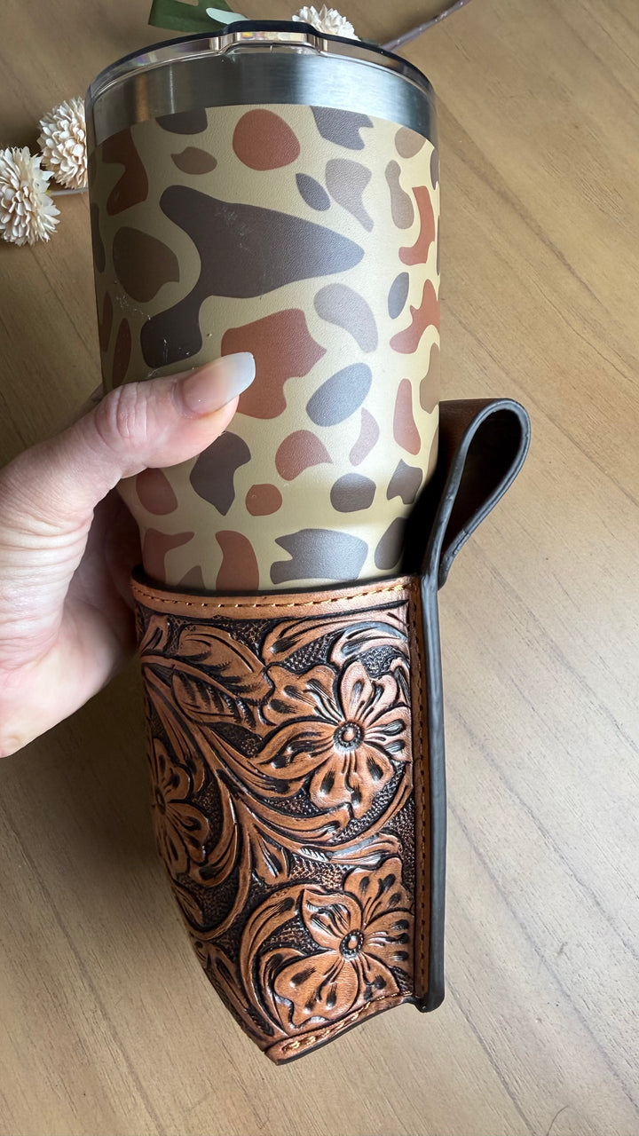 Tooled Leather Belt Drink Holster | Hands-Free Beverage Holder | Genuine Leather Festival, Market & Camping Cup Holder