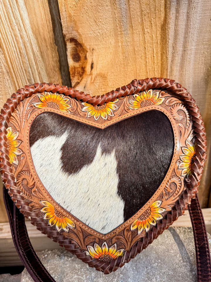 Sunflower Sweetheart Crossbody | Tooled Leather & Cowhide Heart Purse