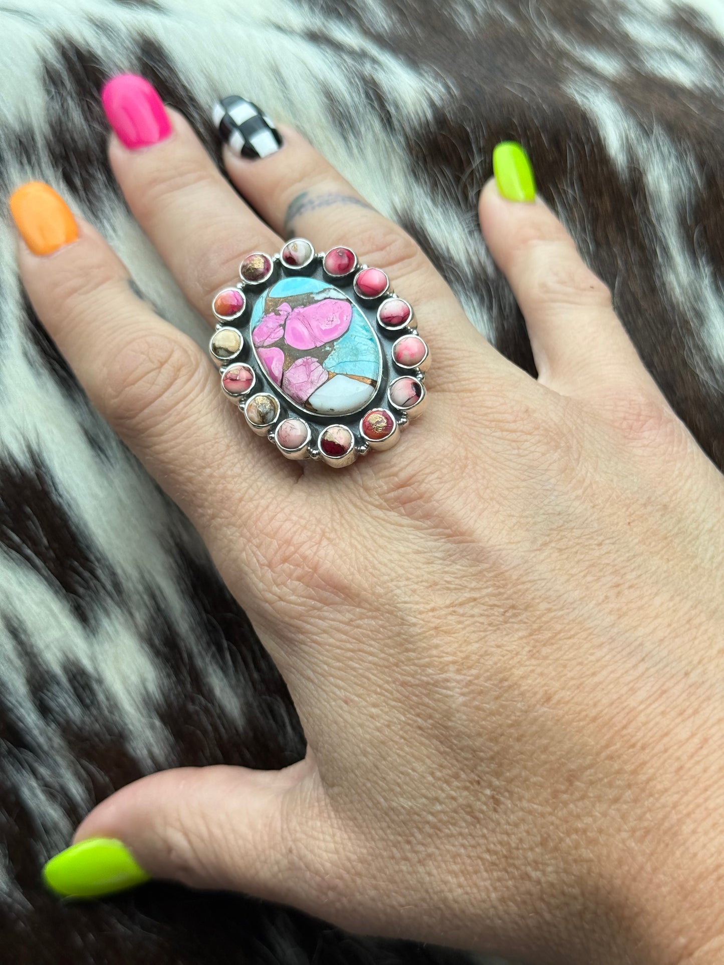 Cotton Candy Turquoise & Red Dahlia Sterling Silver Adjustable Ring