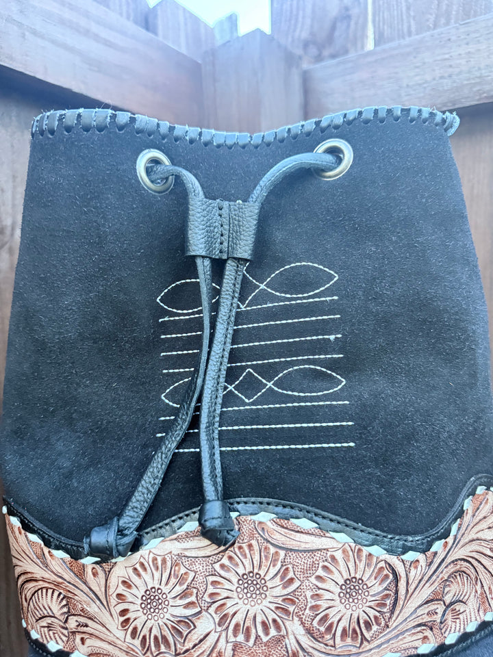 The Bronco Bucket | Black Suede & Tooled Leather Western Bucket Bag