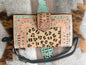 Wild Side : Tooled Leather Hair-On-Hide Cheetah design Turquoise Detail Wallet with Hand Strap