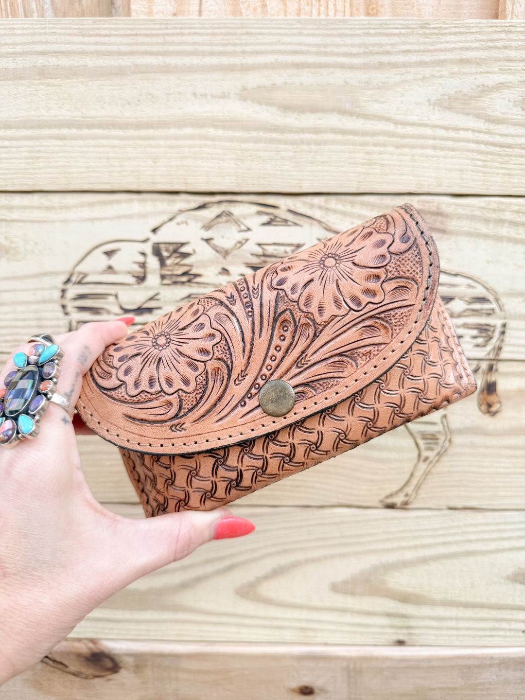 Tooled leather utility glasses case with belt loop and western floral tooling