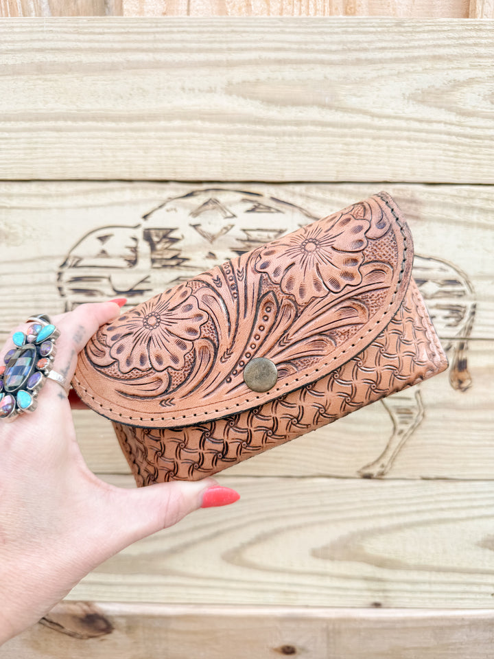 Tooled leather utility glasses case with belt loop and western floral tooling