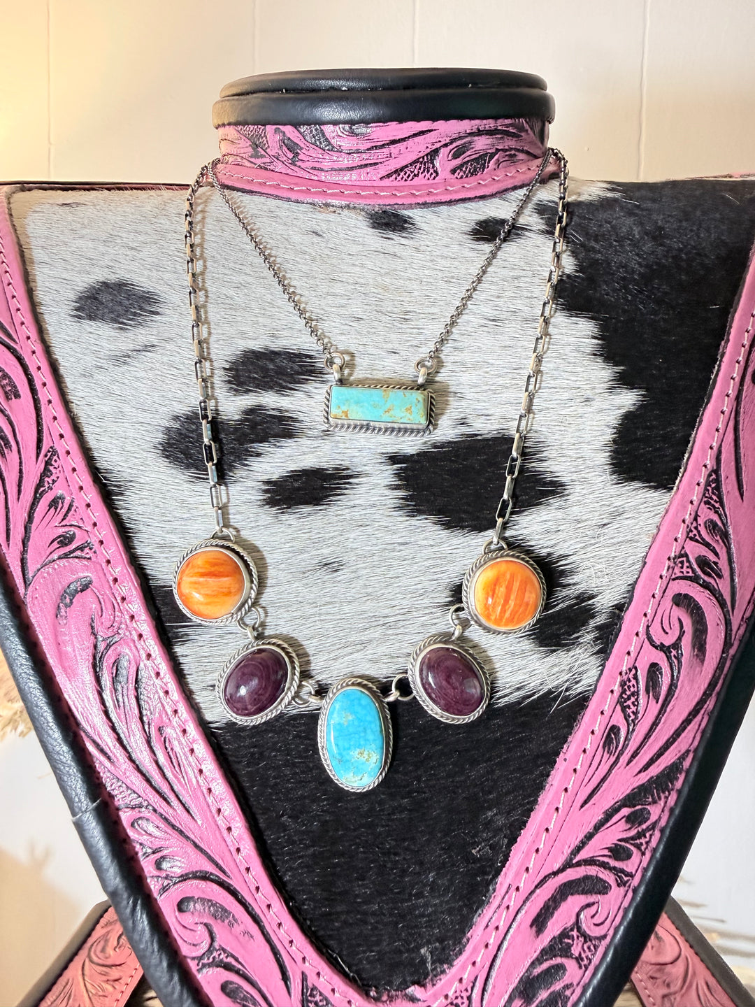 Sheila Tso Navajo Whitewater Turquoise, Purple and Orange Spiny Oyster Necklace