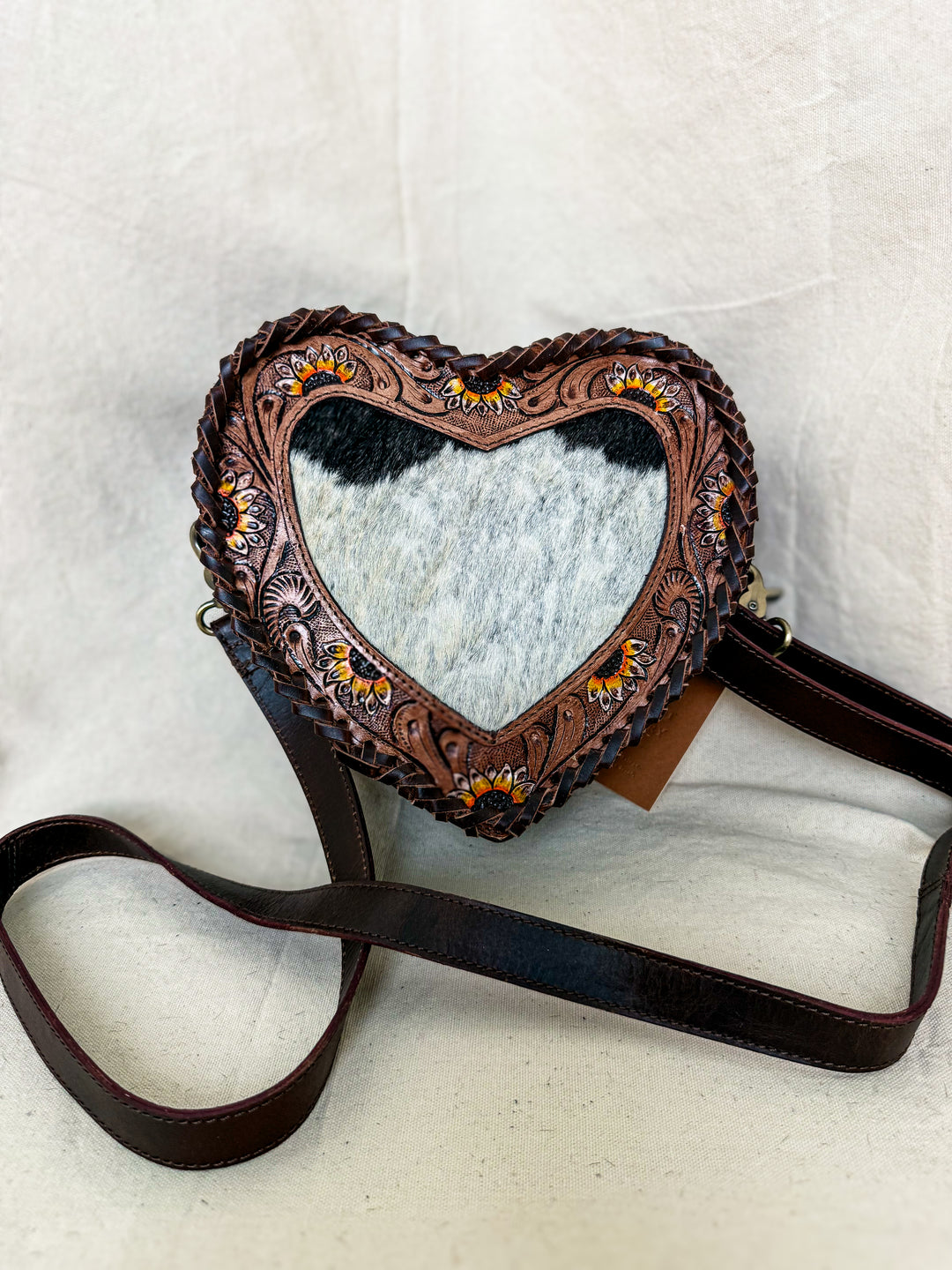 Sunflower Sweetheart Crossbody | Tooled Leather & Cowhide Heart Purse