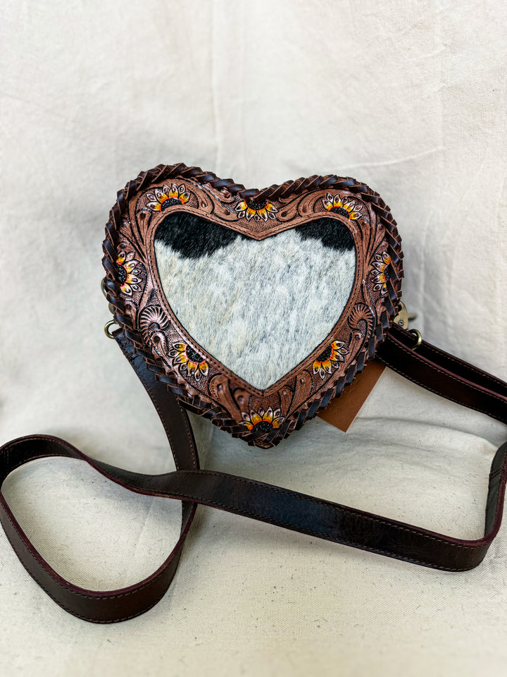 Sunflower Sweetheart Crossbody | Tooled Leather & Cowhide Heart Purse