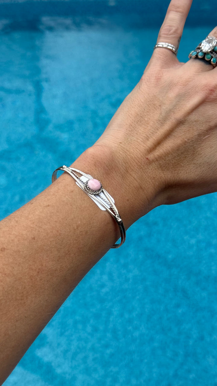 Esther White Navajo Handmade Pink Conch Petite Cuff Bracelet | Sterling Silver | Signed EW | 6.25” Wrist