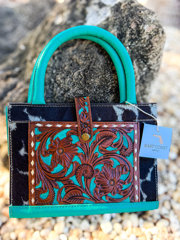 Tooled leather and Cowhide Book / standard size Leather Bible Cover with Turquoise Handles