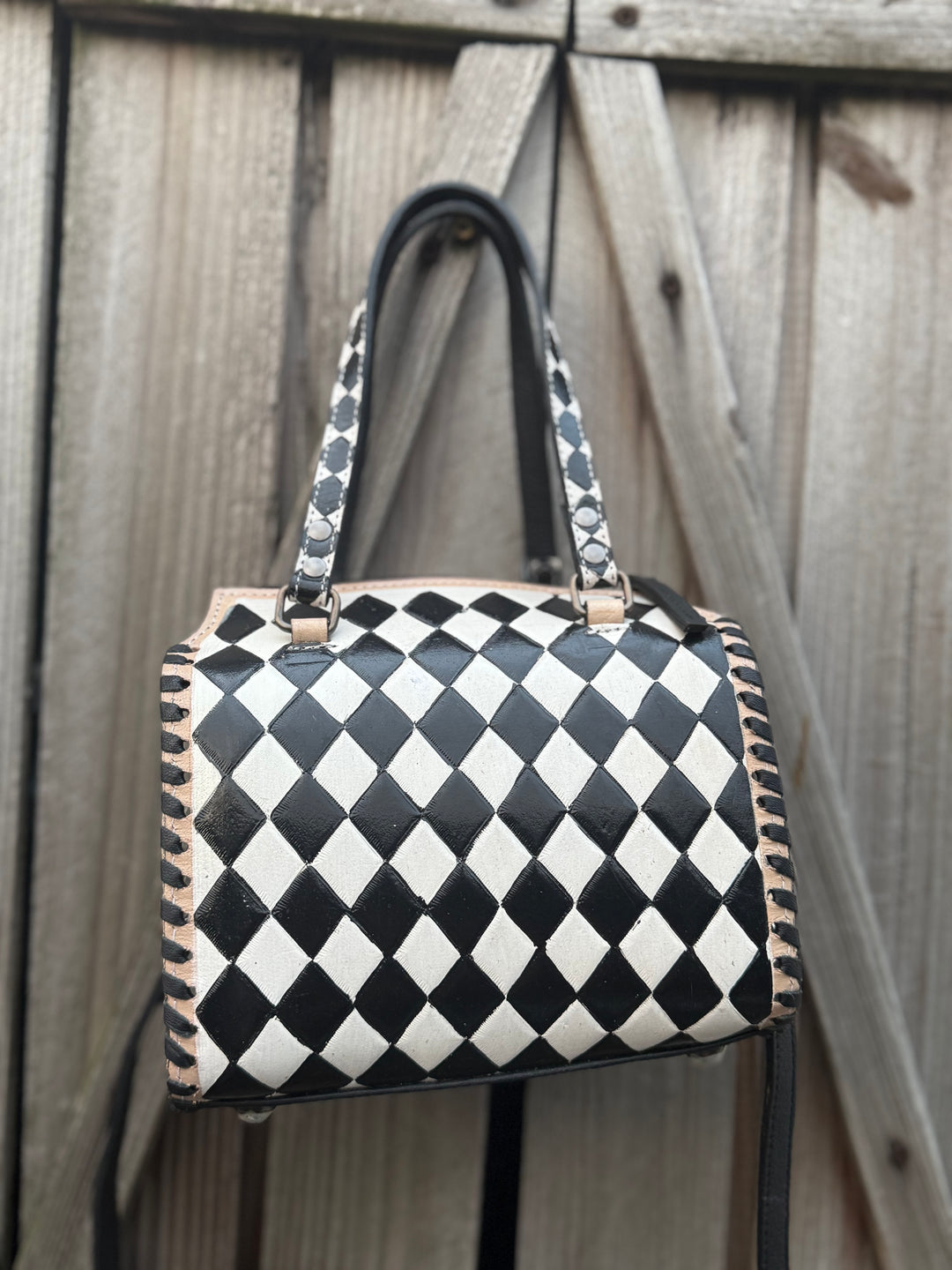 Small tooled leather handmade black and white checkered purse