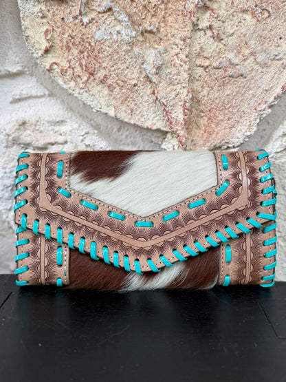 Turquosie Tangle : Tooled Leather Turquoise Stitched Cowhide Wallet