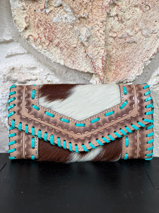 Turquosie Tangle : Tooled Leather Turquoise Stitched Cowhide Wallet