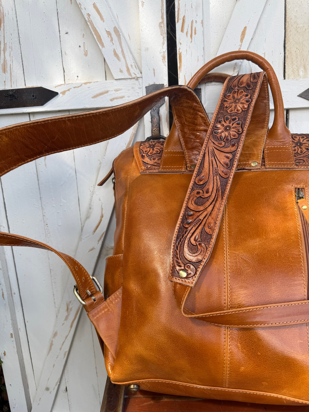 Tooled Leather Cowhide Backpack | Diaper or Work Bag Style + Hidden Back Pocket