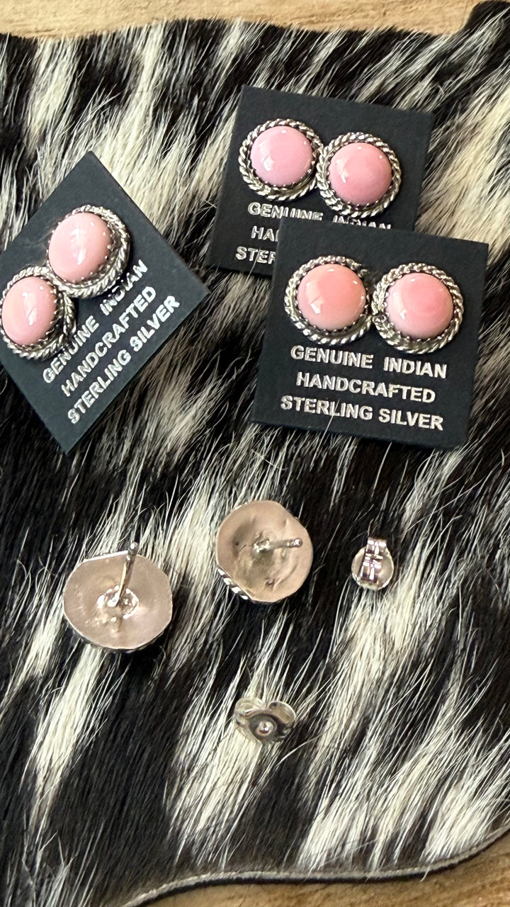 Navajo Pink Conch Sterling Silver Stud Earrings | Handmade in USA | 10mm