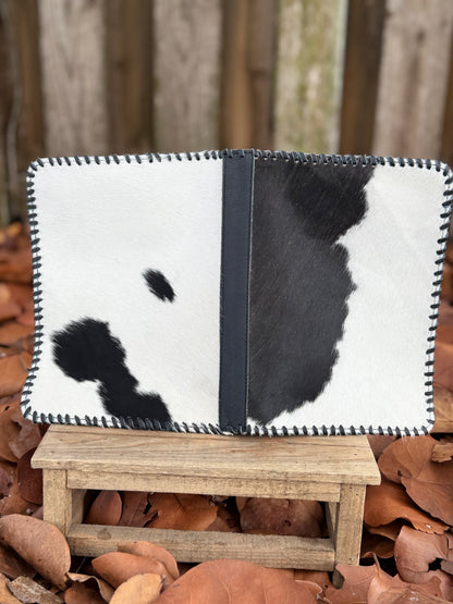 Black Leather & Cowhide Bible Cover – Handmade Western Book Sleeve for Large Bibles & Journals