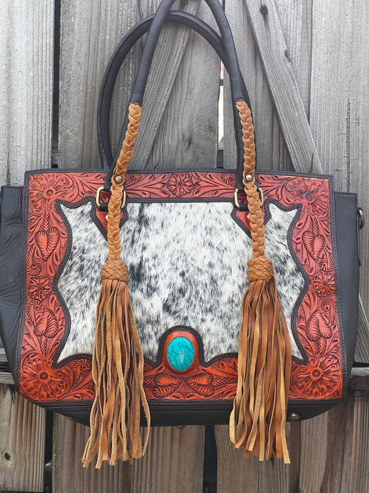 Tooled Leather & Cowhide CC fringed handle tote