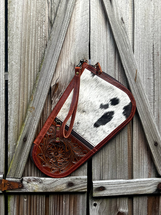 Tooled leather and cowhide zipper handgun case