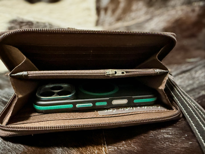 Royston Punch | Hand-Tooled Black & White Checkered Cheetah Turquoise Leather Phone Wallet Wristlet
