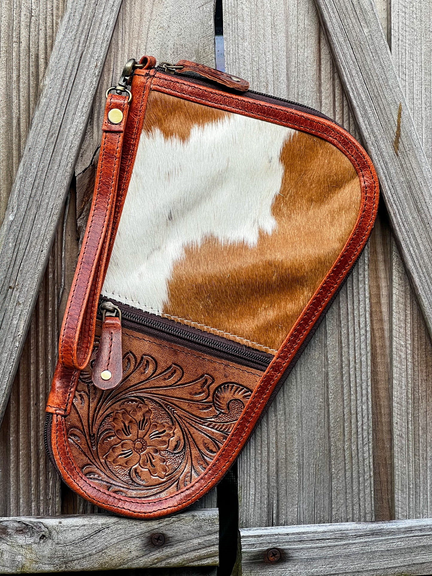 Tooled leather and cowhide Zipper pocket Handgun case