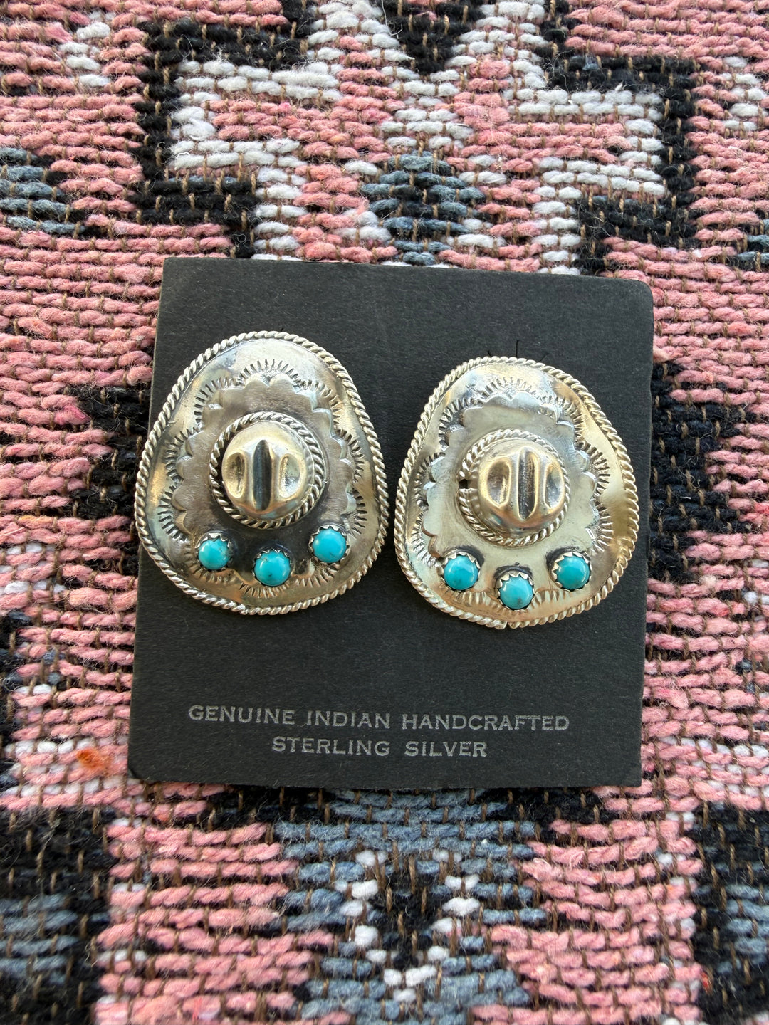 Navajo Handmade Cowboy hat Kingman Turquoise and Sterling Silver Earrings by Bobby Platero