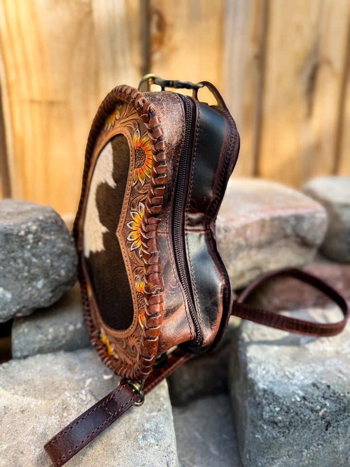 Sunflower Sweetheart Crossbody | Tooled Leather & Cowhide Heart Purse