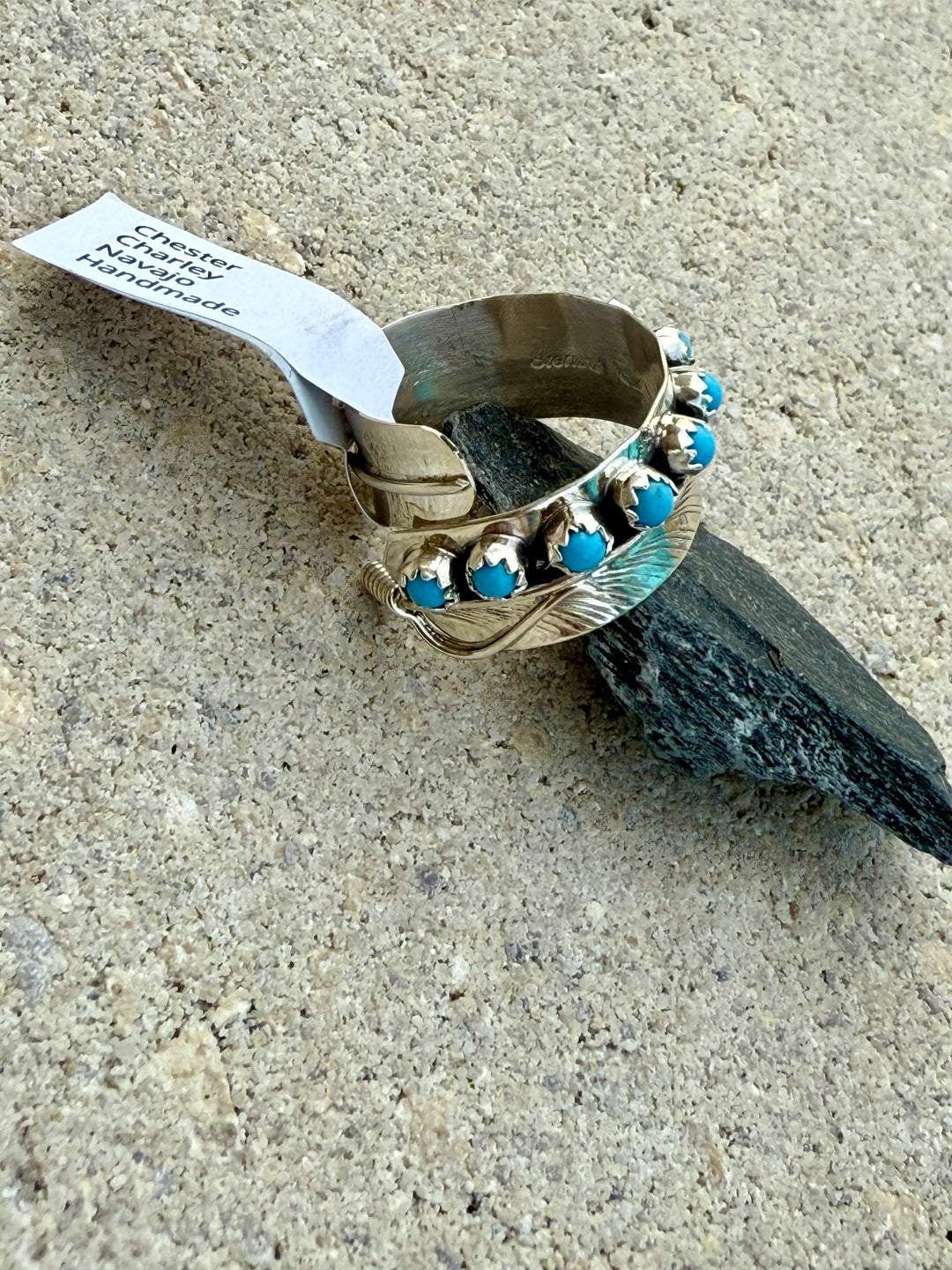 Sterling silver bypass feather Kingman Turquoise ring handmade by Navajo artist Chester Charley from East Coast Carry