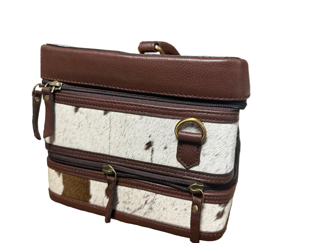 The Double Decker in Chocolate Brown | Large Dark Brown and White Cowhide and Tooled Leather Jewelry Case