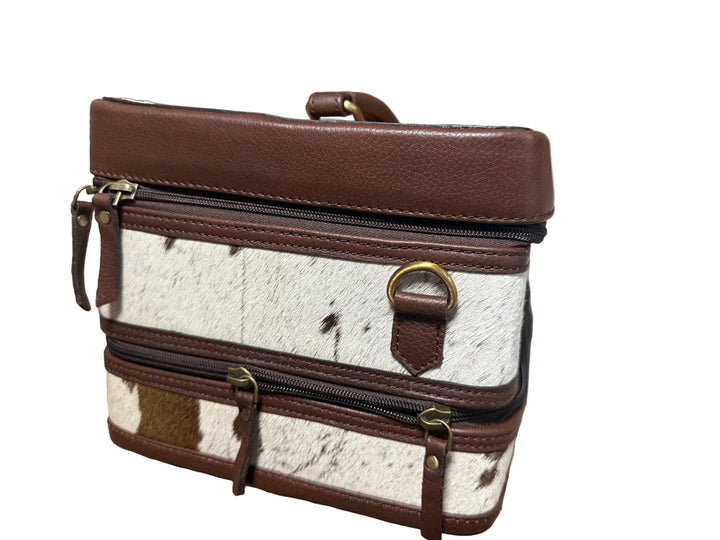 The Double Decker in Chocolate Brown | Large Dark Brown and White Cowhide and Tooled Leather Jewelry Case