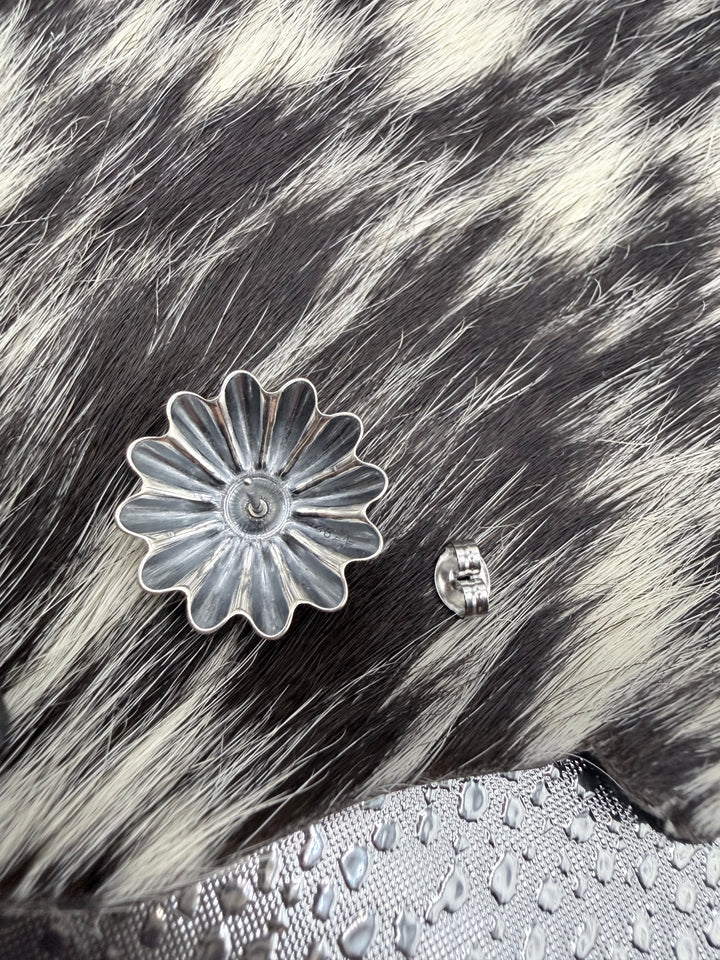 Handmade Sterling Silver Large Floral Concho Stud Earrings | Signed