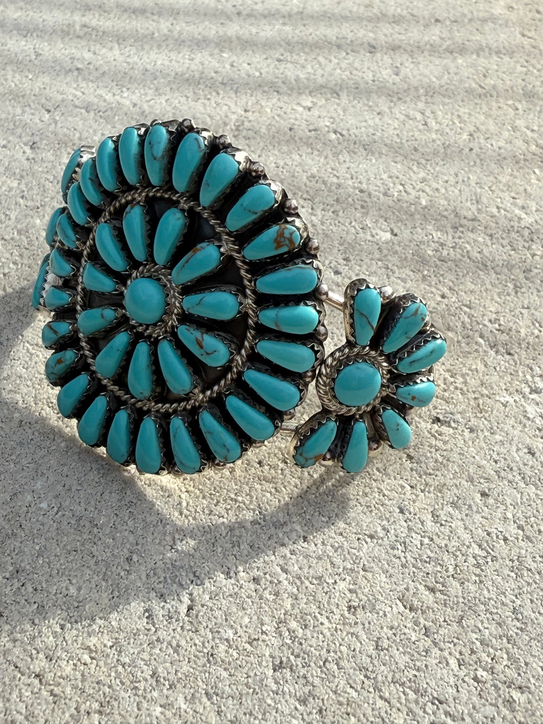 Estate Native American Sterling Silver Petit Point Turquoise Cluster Cuff – Signed DB