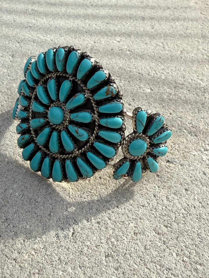 Estate Native American Sterling Silver Petit Point Turquoise Cluster Cuff – Signed DB