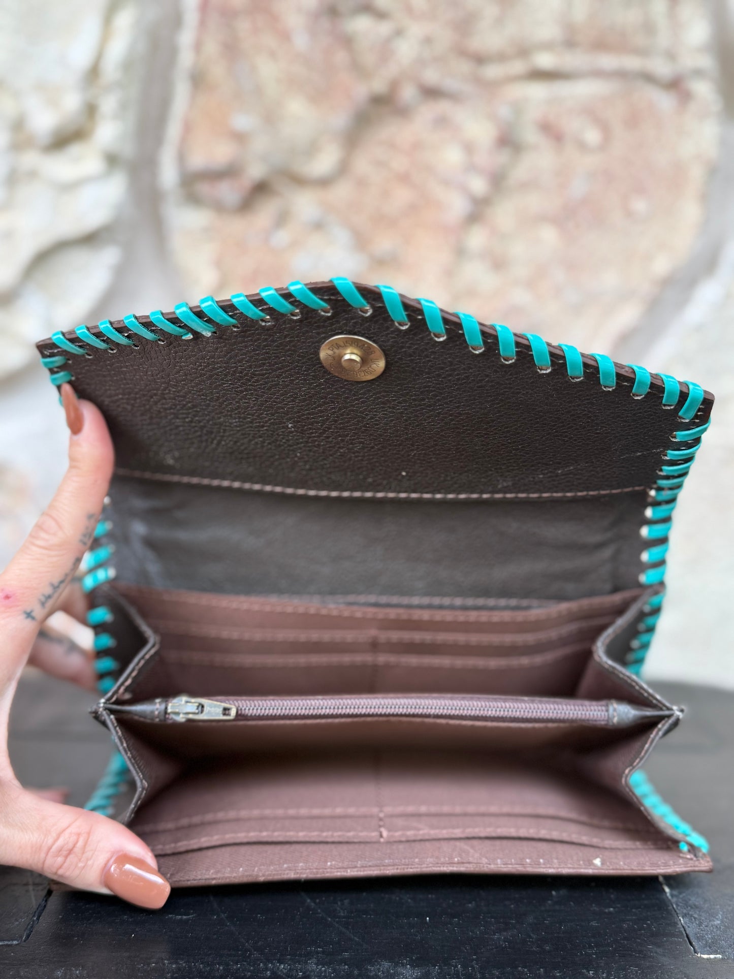 Turquosie Tangle : Tooled Leather Turquoise Stitched Cowhide Wallet