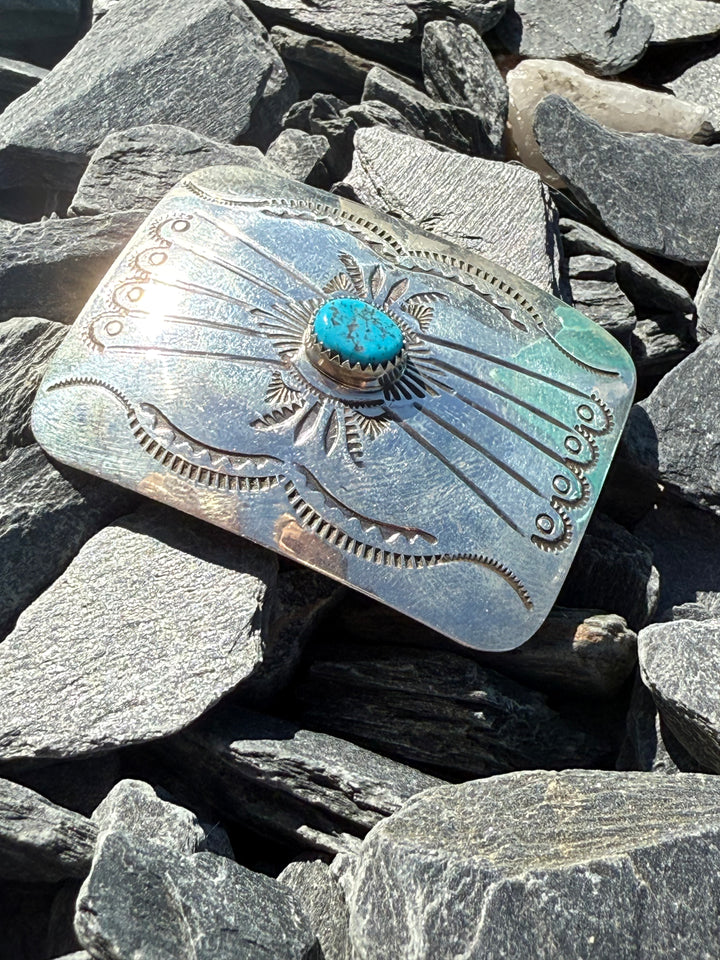 Joan Begay Navajo Handmade Sterling Silver and Kingman Turquoise Slim Belt Buckle