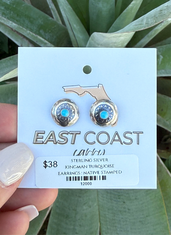 Sterling Silver Native American Handmade Kingman Turquoise Stud Earrings