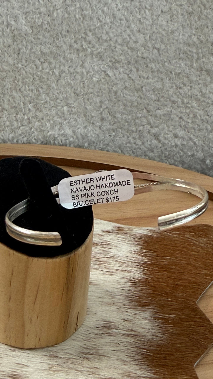 Esther White Navajo Handmade Pink Conch Petite Cuff Bracelet | Sterling Silver | Signed EW | 6.25” Wrist