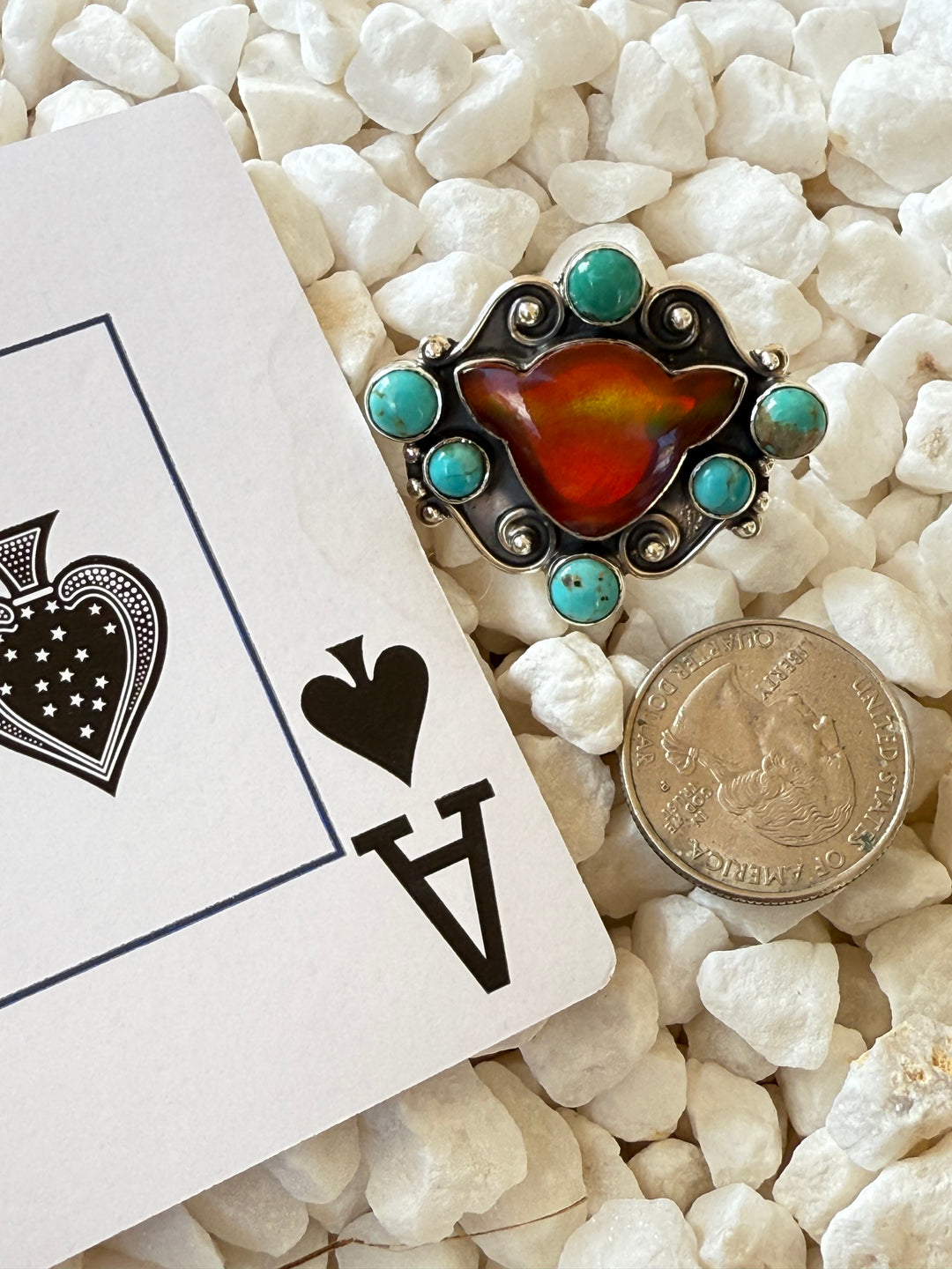 The Maverick | Southwestern Artistian Made Orange Mojave Cow & Turquoise Scroll 925 Ring (Adjustable)